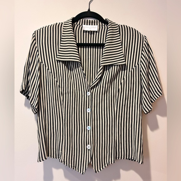 Vintage L Casual Corner Striped Crop Blazer Backtie Shoulder Pads Shell Buttons - Picture 1 of 5